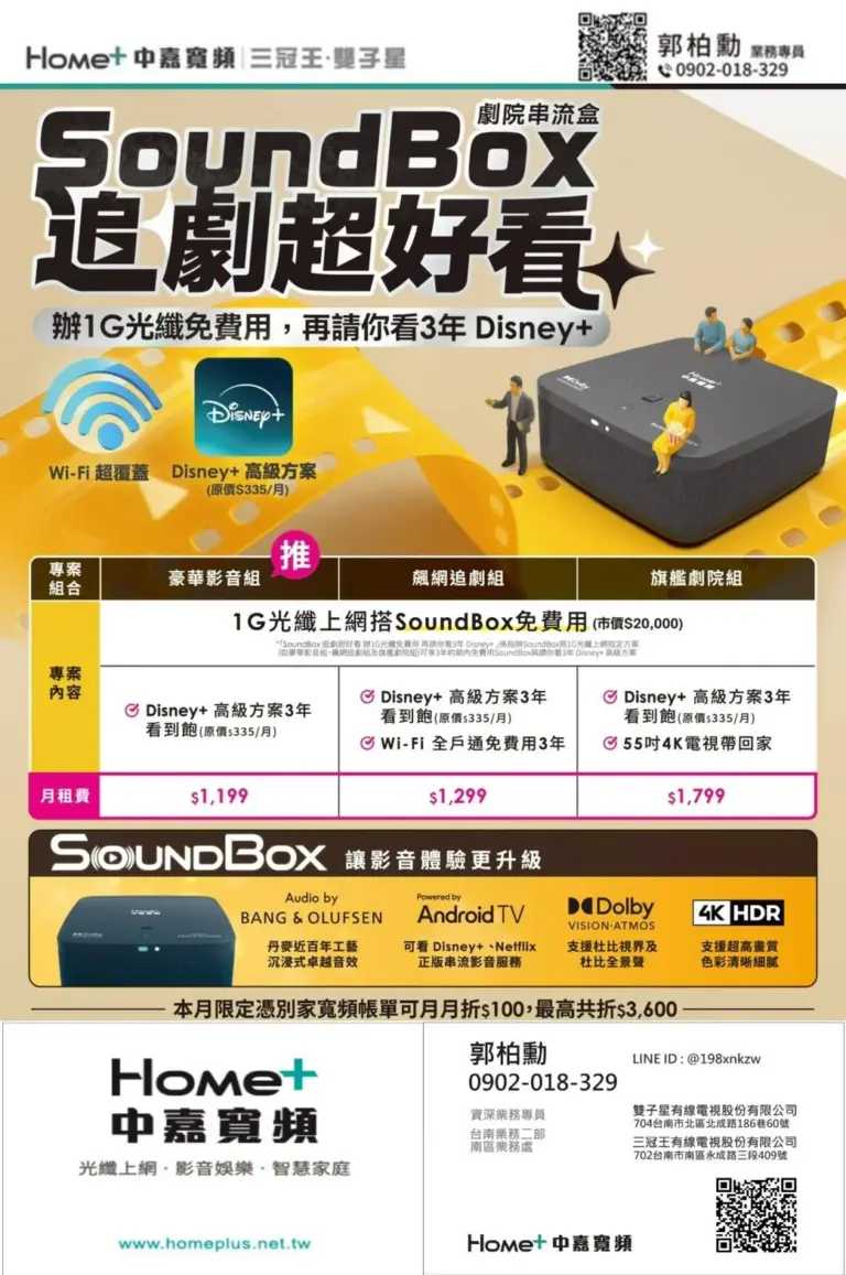 三冠王1G網路優惠!限時免費送SoundBox家庭劇院再享3年Disney+看到飽