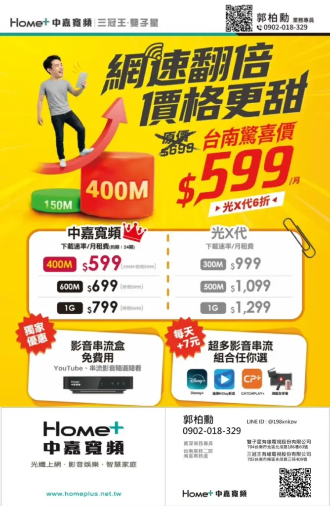 中嘉寬頻|三冠王網路震撼優惠!400M 飆速方案限時 $599 起